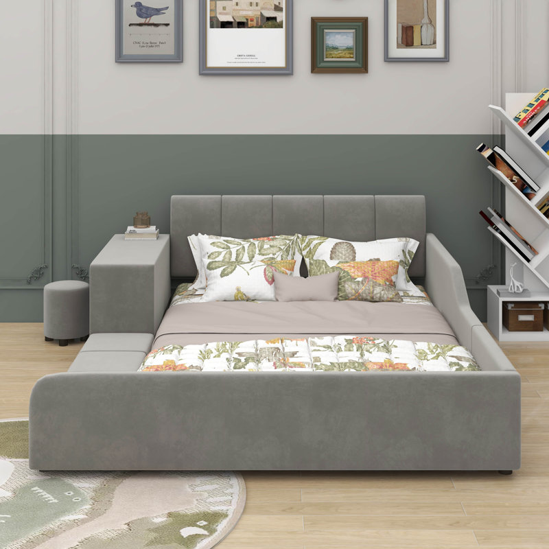 Lit double tapissier pleine grandeur avec bureau de chevet, Grey