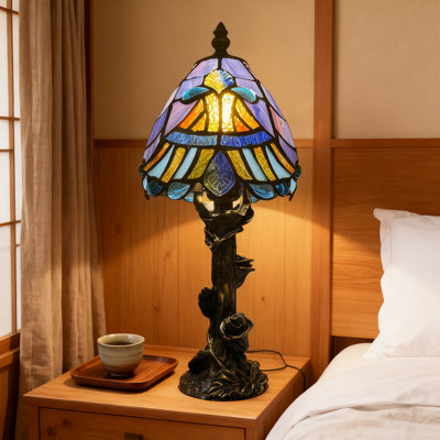 Handmade Tiffany Style Table Lamp With LED Bulb, Stained Glass Baroque Desk Lamp For Bedroom, Living Room, Office And Dorm Decor
