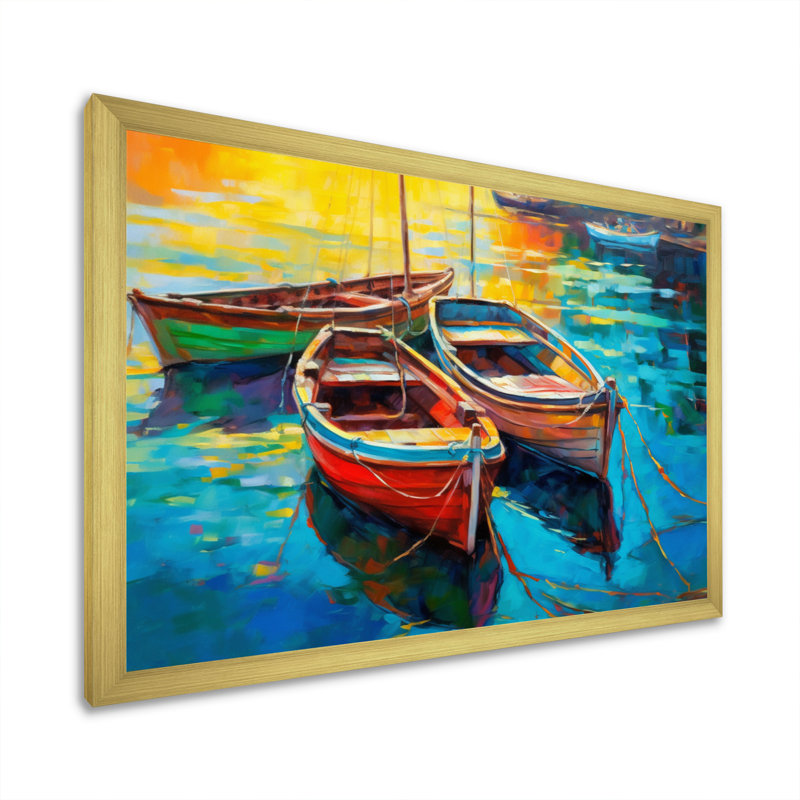 Trois bateaux dans le port I - impression sur toile Coastal Port, H 12 po x l 20 po x P 1 po, Cadre doré