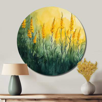 «Herbs In The Sunlight Of Summer I», impression d'art mural en métal sur bois rond, herbes jaunes traditionnelles