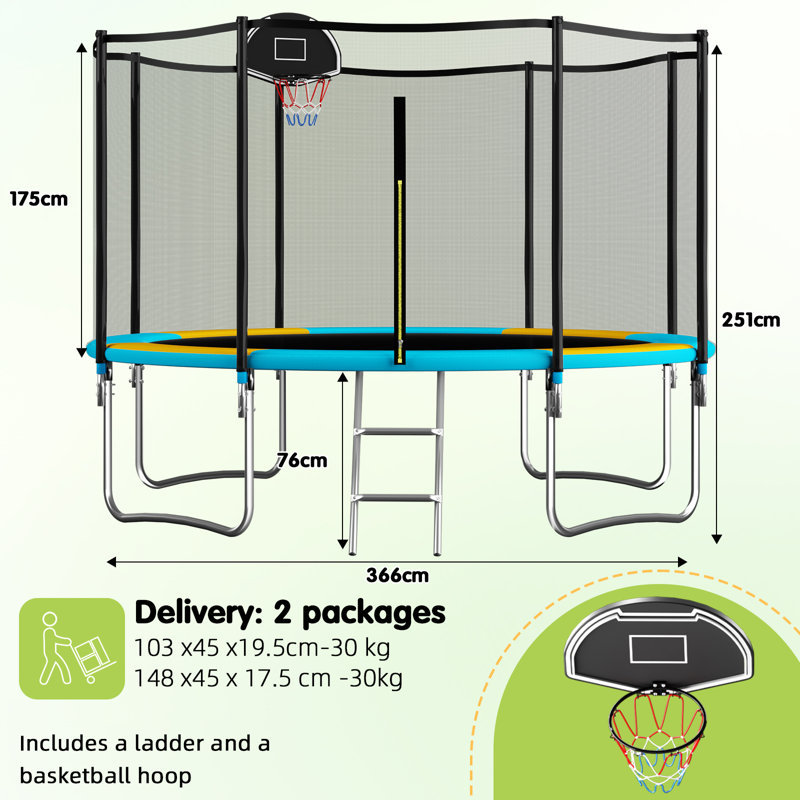 SENCHO GINSYTALIOR Round Backyard Trampoline with Safety Enclosure, Aqua/Orange
