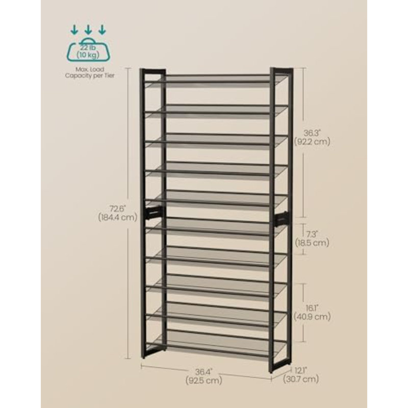 Range-chaussures, range-chaussures à 10 niveaux, support en métal pour le garage, ensemble de 2 tablettes empilables à 5 niveaux, avec tablettes réglables plates ou en angle, 40 à 50 paires, noir encre