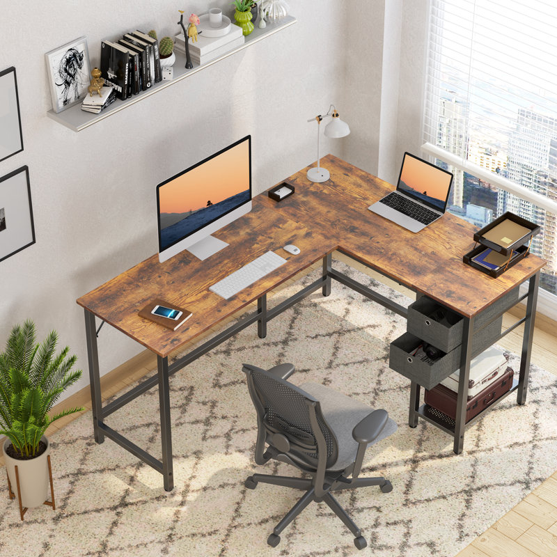 L-Shaped Metal Base Computer Desk, Light Brown