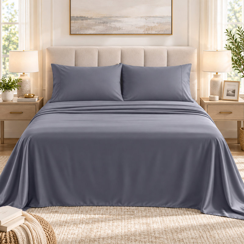 Ensemble de draps en microfibre 4 pièces avec draps-housses profonds 16 po, gris, Queen Sheet Set with 2 Pillowcases