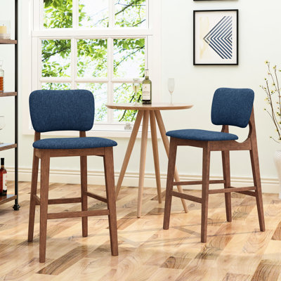 2 chaises de bar Mid-Century - siège en tissu bleu foncé, bois d'hévéa robuste, structure en bois moderne avec pieds fuselés gracieux et 2