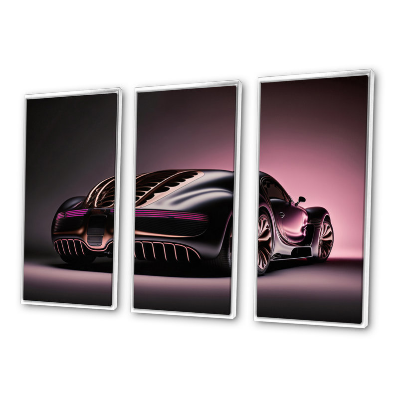 «Visionary Bugatti Design» en noir et magenta IV - 3 pièces sur toile, H 28 po x l 36 po x P 1 po, Cadre blanc