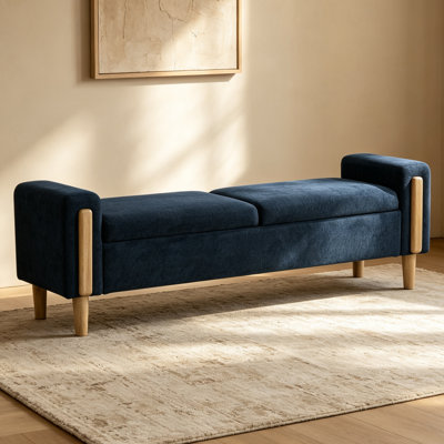 65.6" Storage Bench with Plush Fabric Upholstery, Rubberwood Legs, Multi‑Purpose Bench for Bedroom & Entryway