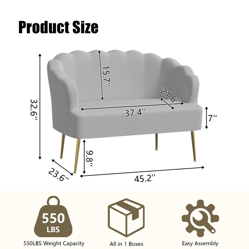 Eucli 45" Velvet 2-Seat Armless Loveseat Sofa, Gray