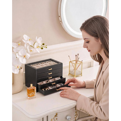 Organisateur de boucles d'oreilles, boîte à bijoux avec couvercle transparent - Noir, 5 niveaux
