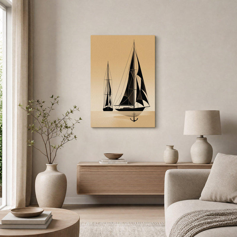 Voiliers noirs et ancre sur fond beige, tableau mural sur toile, H 36 po x l 24 po
