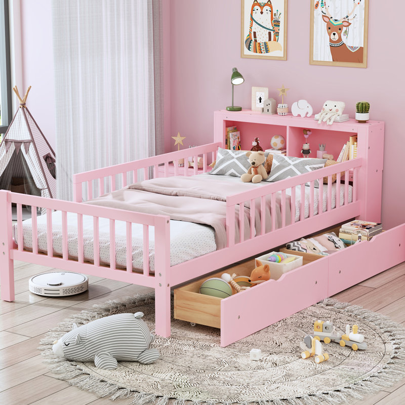 Lit simple en rose avec garde-corps et rangement pour tête de lit, Rose