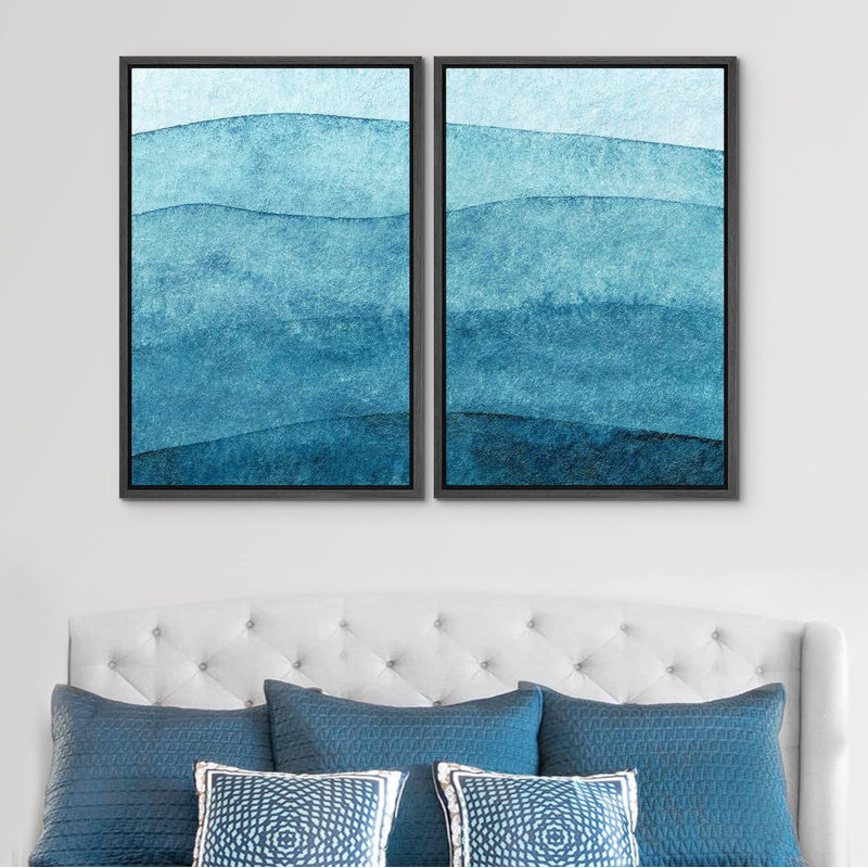 Pastel, aquarelle, vagues géométriques bleues, formes abstraites, art mural, décor minimaliste moderne, Noir