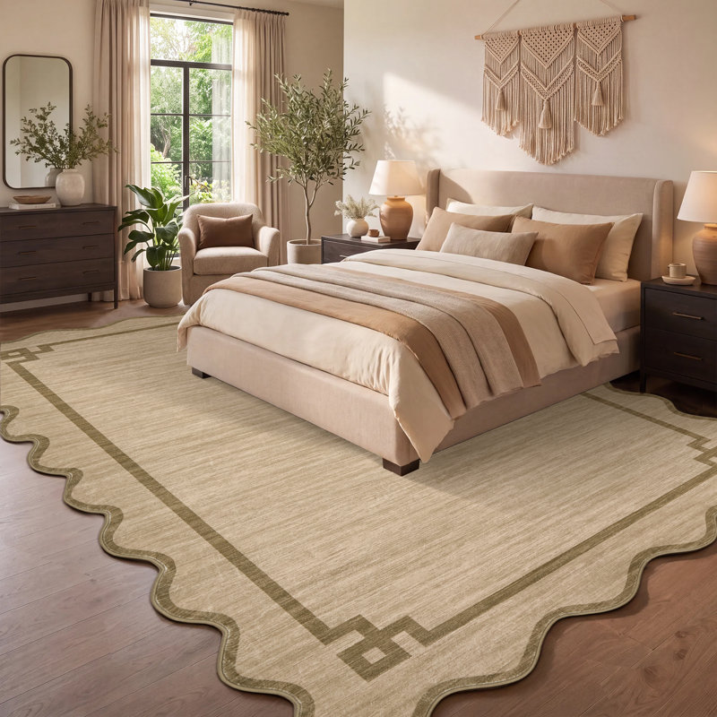 Tapis moderne à bordure lavable pour salon, chambre, couloir, Brun, 8 x 10 pi