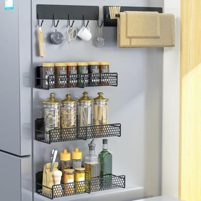 Paquet de 5 tablettes magnétiques pour l'organisation de la salle de lavage et de la cuisine, le réfrigérateur robuste sans perceuse et les tablettes de machine à laver avec support à épices, range-cintres et crochets à ustensiles