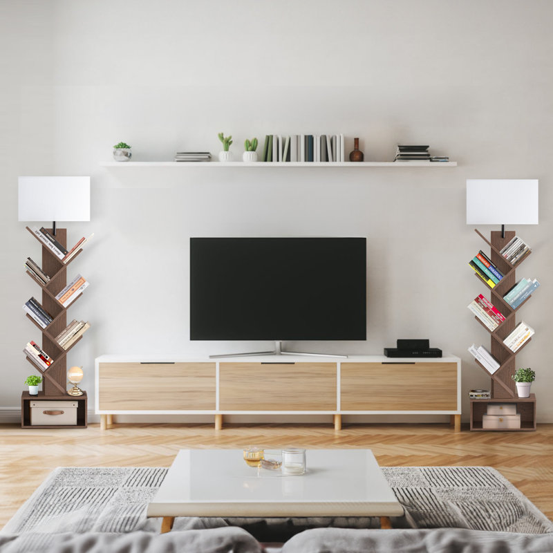 Sindel 58" Bookcase With Remote Control And Tree Floor Lamp, Walnut