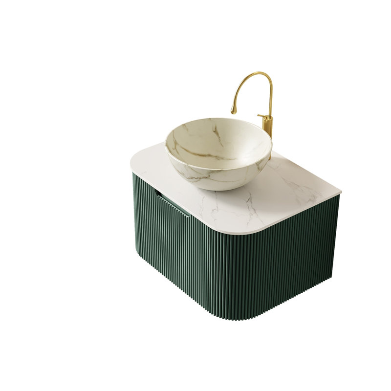 Meuble-lavabo 24 po, armoire de salle de bain en contreplaqué rayé à bords arrondis avec tiroir, vasque en céramique blanc mat et plateau en pierre frittée, pré-assemblé