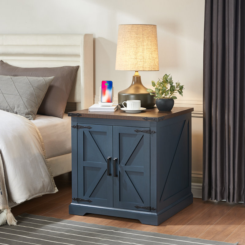 Jaimar 24"W Farmhouse Square End Table with Charging Station&Adjustable Storage Shelf (Dark Blue Color), Blue,  Dark Walnut