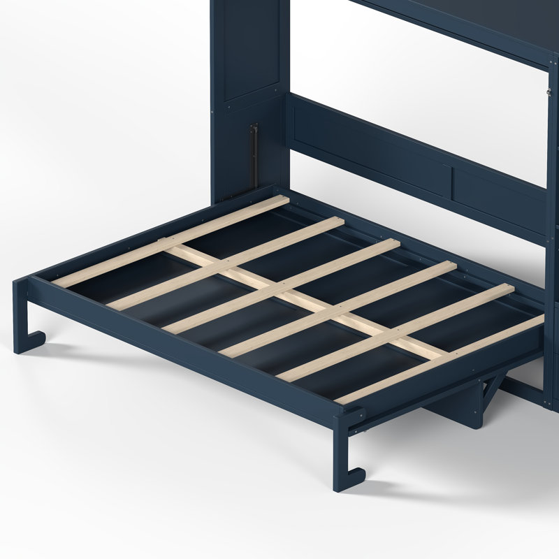 Lit escamotable avec bureau et tiroirs de rangement, cadre de lit mural pliable avec étagères et éclairage DEL pour petite chambre, format Queen, bleu