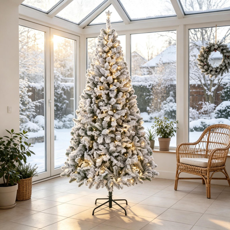 6 ft. Pre-Lit Snow-Flocked Artificial Christmas Tree with 220 Warm White LEDs, 790 Branch Tips, Hinged Branches and Folding Metal Stand