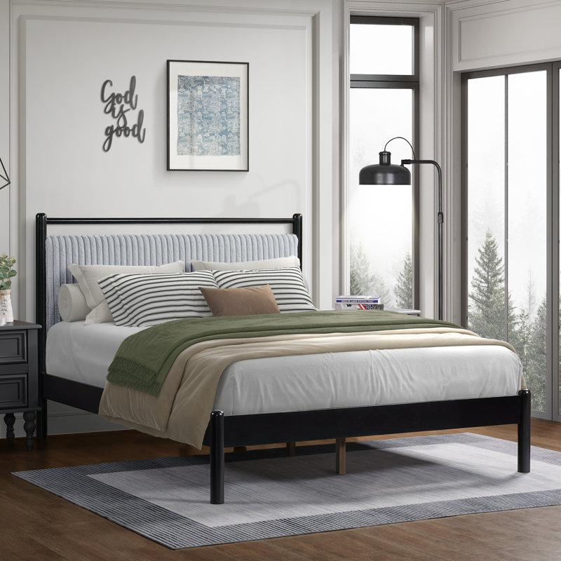 Structure de lit grand en bois avec tête de lit moelleuse, Grand lit