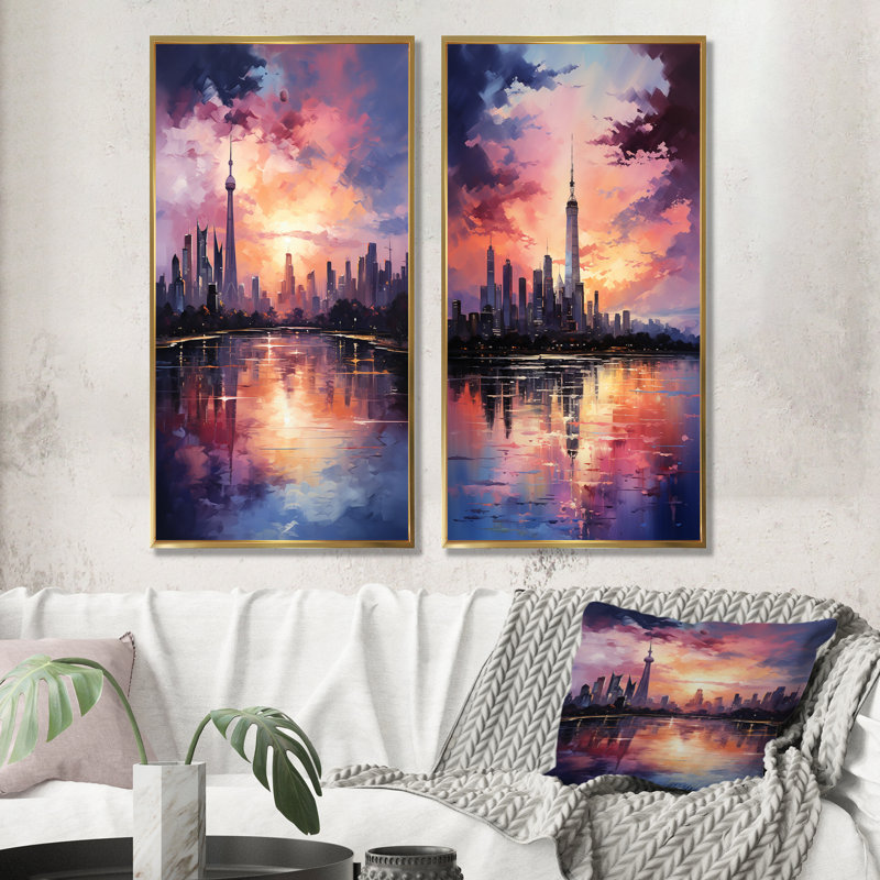 Mystical Skyline Hues - ensemble de 2 impressions sur toile de paysage, Cadre flottant doré, H 28 po x l 25 po