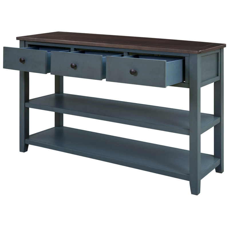 Retro Design Console Table With 3 Drawers And 2 Open Shelves – Pine Solid Wood Frame For Living Room, Entryway