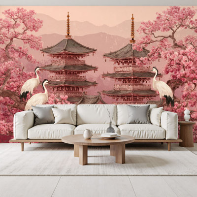 Chinoiserie Peel and Stick Wallpaper Intricate Painting Floral Fauna Architecture Cranes Wall Murals 69"H x 96"W Removable PVC Wall Paper Self-Adhesive Wall Decor for Bedroom Living Room Home Office