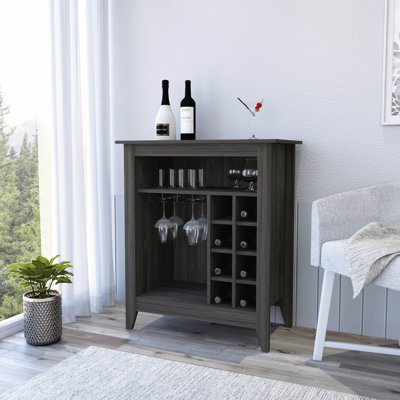 Armoire de bar château, une tablette ouverte, six casiers à vin, finition espresso carbone