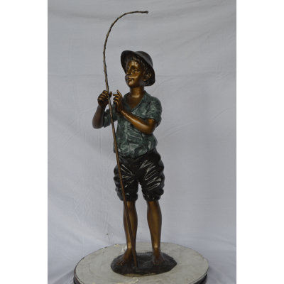 Boy with fishing rod  bronze statue -  Size: 11"L x 14"W x 44"H.
