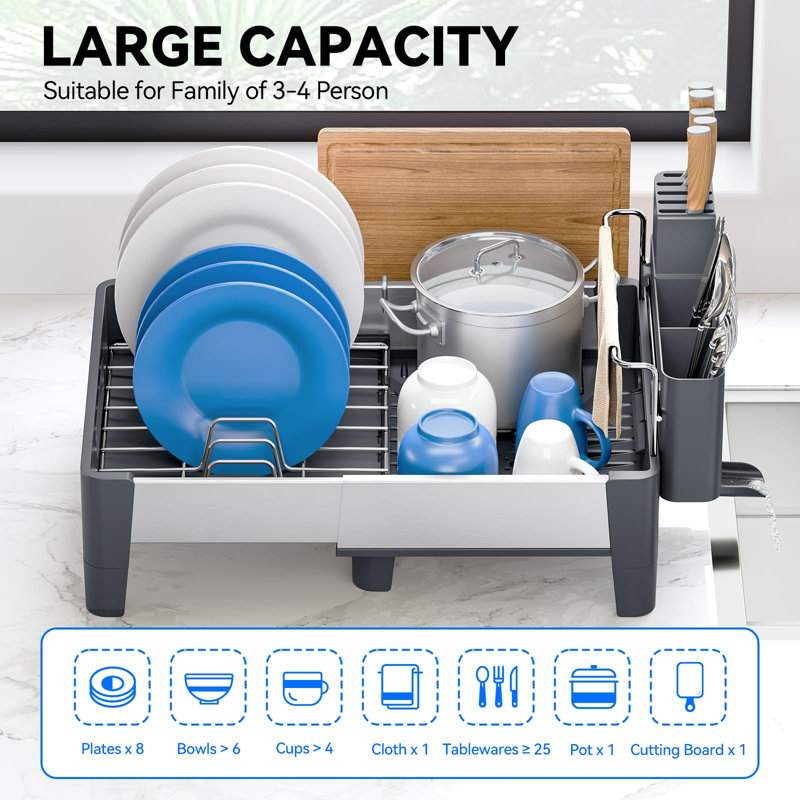 Égouttoir à vaisselle extensible, égouttoir à vaisselle en acier inoxydable avec cadre en aluminium, égouttoir à vaisselle pour comptoir de cuisine gris