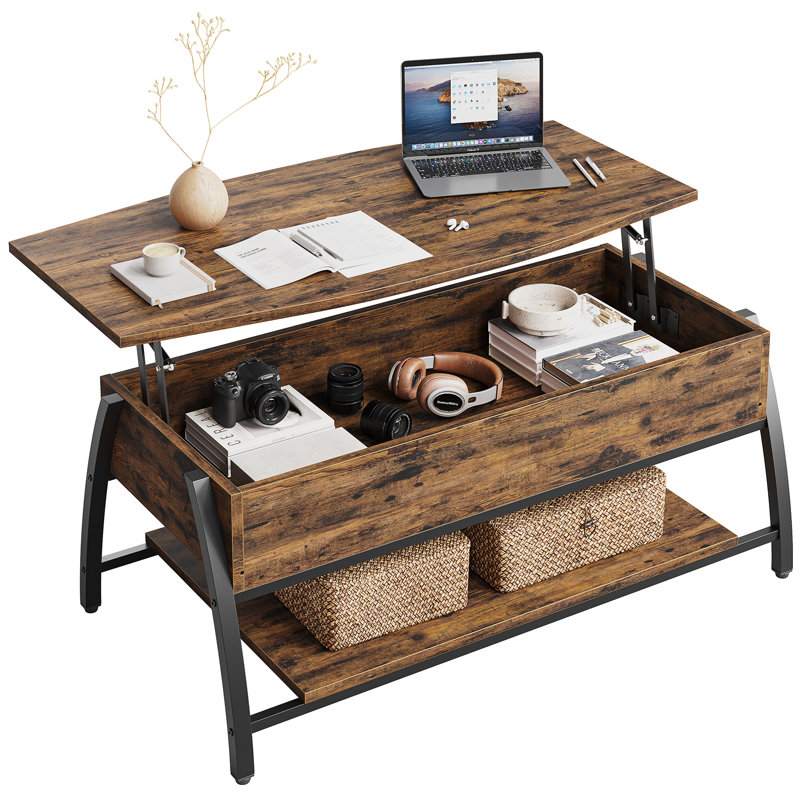 Table basse à plateau relevable en bois manufacturé avec base en acier Buser, Brun rustique