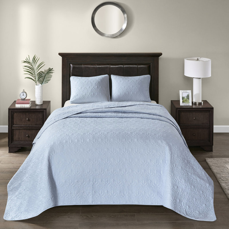 Reversible Bedspread In Blue King - With A Stylish Pattern Oversized For Superior Drape And Fit Pre-washed Cotton Fill Pleasant Night 2 Shams Included Machine Washable Ease Size Better On Mattress