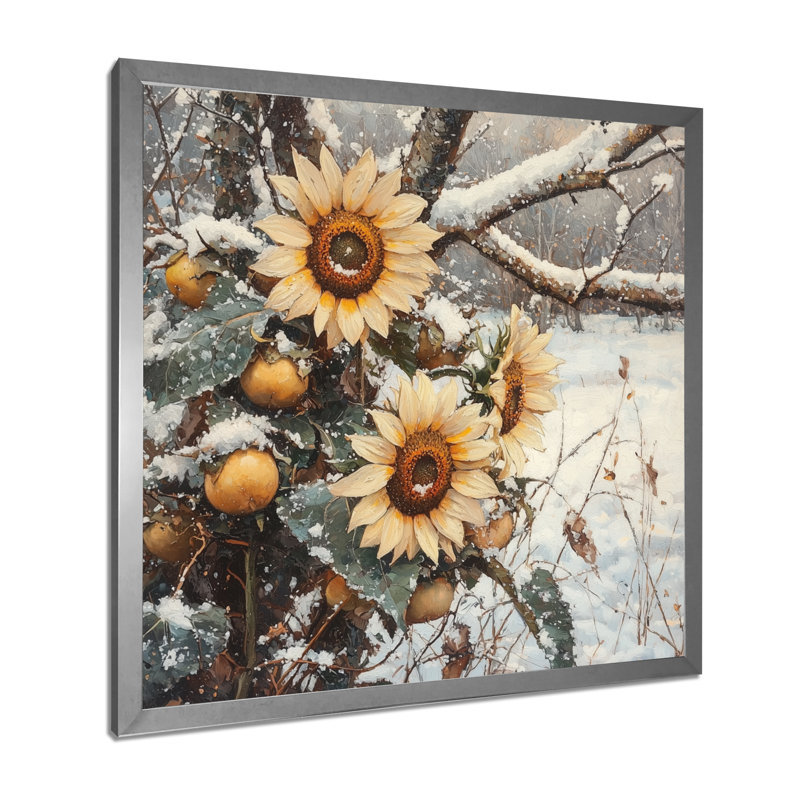 Ditchko tournesols dans le verger enneigé - art mural tournesols, H 30 po x l 30 po, Reproduction encadrée d'une seule photo