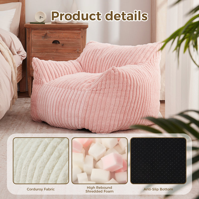 Standard Size Faux Fur Bean Bag Chair with Soft Foam Filling, Pink, 27.9“ H x 37" W x 33"D