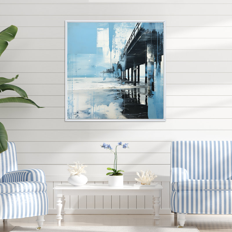 Minimalisme bleu sarcelle et jetée blanche paysage I - décoration murale nautique et plage, H 30 po x l 30 po x P 1 po