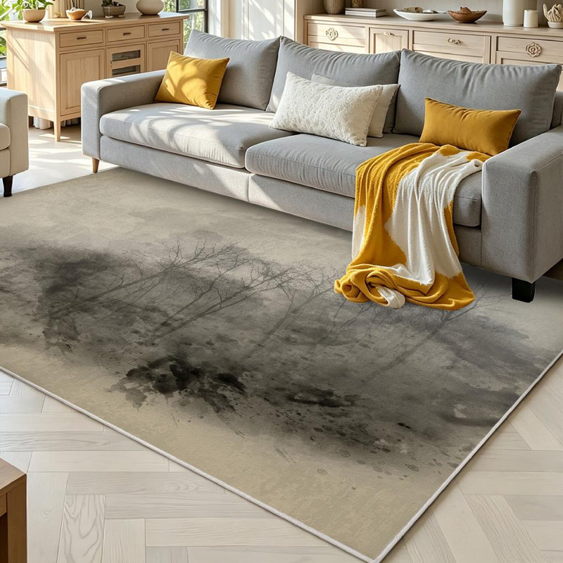 Orange Watercolour Painting Dramatic Foggy Forest Landscape Spring Autumn Machine Washable Indoor Area Rug