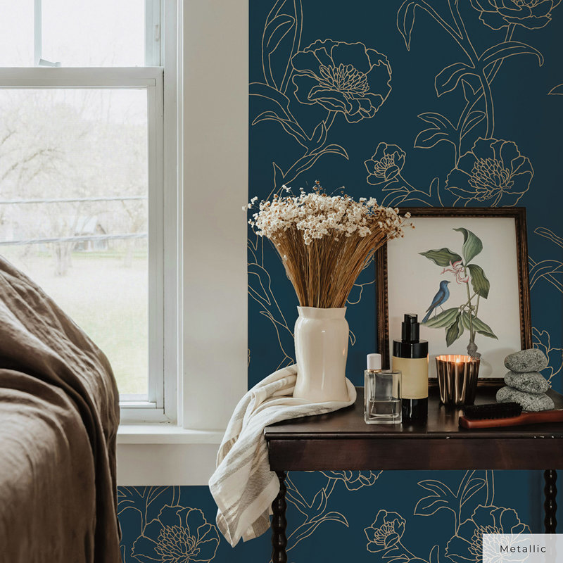 Marlee 33' L x 20.5" W Textured Peel and Stick Wallpaper Roll, 33" L x 20.5" W, Peacock Blue/Metallic Gold