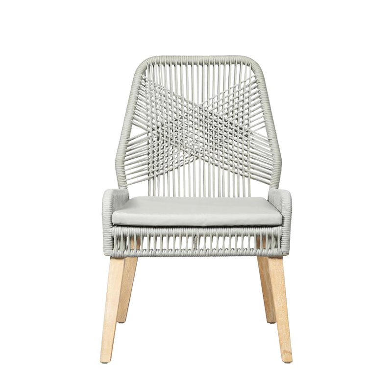 De 2 chaises de salle à manger avec dossier en corde tissée grise - finition confortable en mousse de bois de manguier délavé, structure, sièges rembourrés de mousse