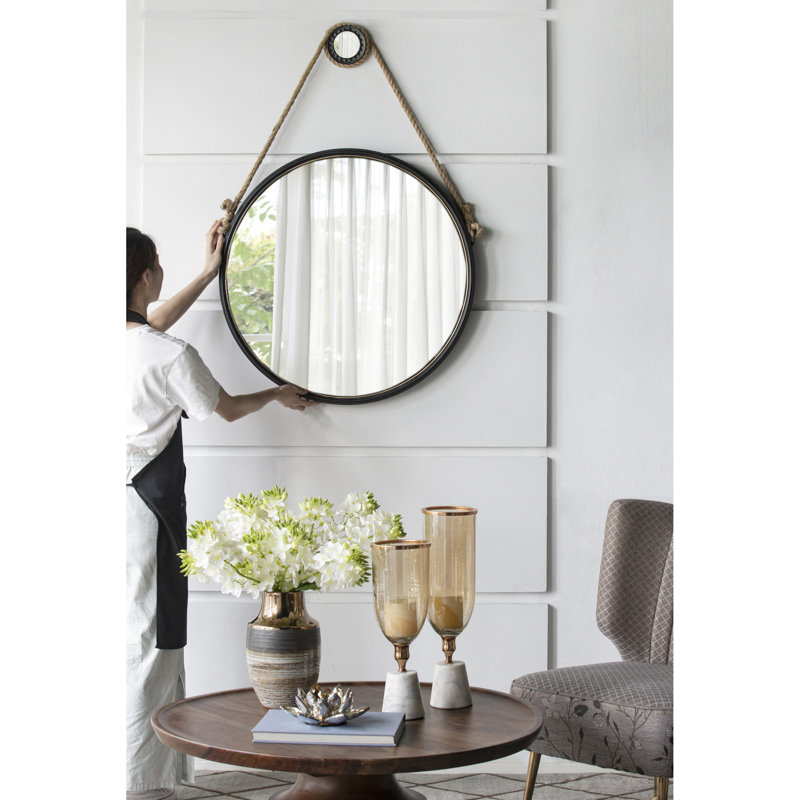 Miroir rond moderne de 29,5 po avec cadre noir et corde tenace tenace pour le salon, 29,75 po x 29,24 po, Noir