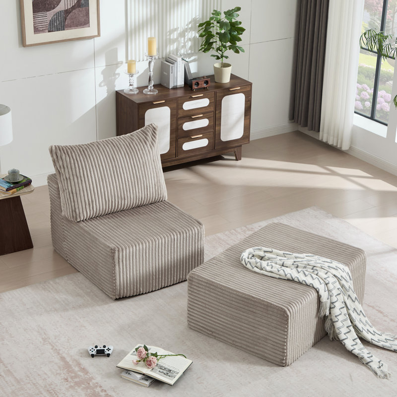 36.6" Chaise Chair Armless Single Ottoman Compression Frameless Lounger   , Light Gray Corduroy