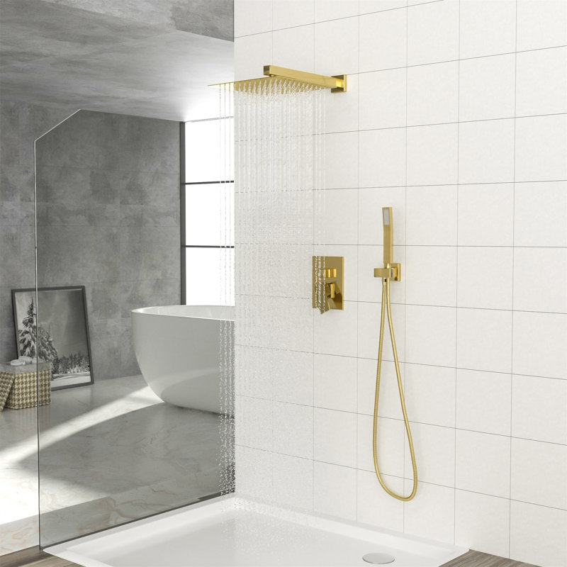 Dual Shower Head - 12 Inch Wall Mounted Square Shower System With Rough-In Valve, Gold