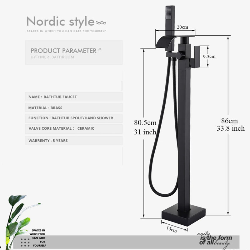 Freestanding Bathtub Faucet Floor Mount Tub Filler Mixer Taps Shower Faucets, Matte Black