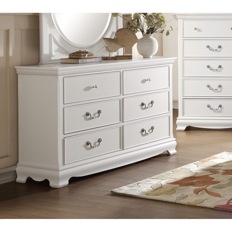Classic Traditional Style Dresser Of 6X Drawers White Finish Bedroom Antique Handles Wooden Furniture