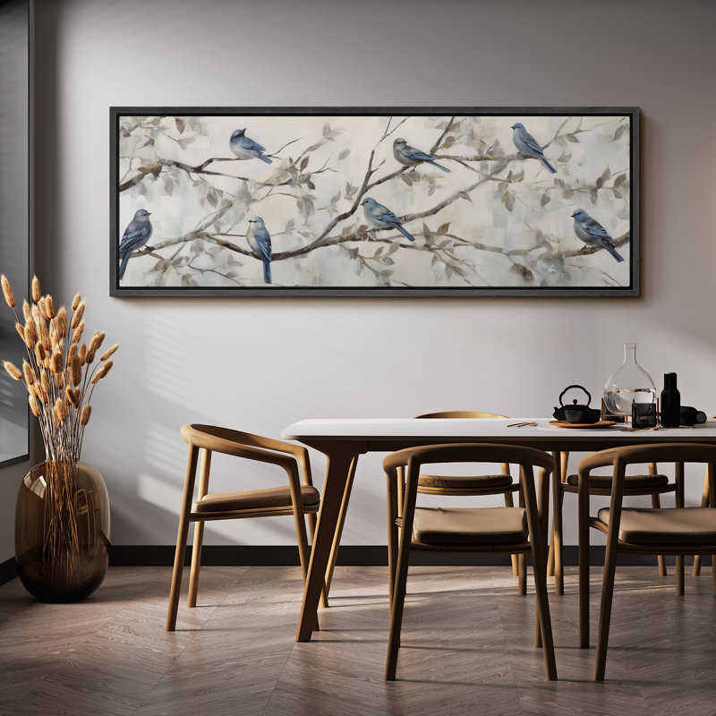 Bird " Serene Bluebirds On Branches Cute Animals Modern Art Calm Warm Extra Large Pictures ", 20" H x 60" W, Black