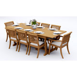 8 Seats 9 Pcs Grade-A Teak Wood Dining Set: 94" Mas Oval Trestle Leg Table And 8 Arbor Stacking Chairs (2 Arm & 6 Armless Chairs) #11AB2302