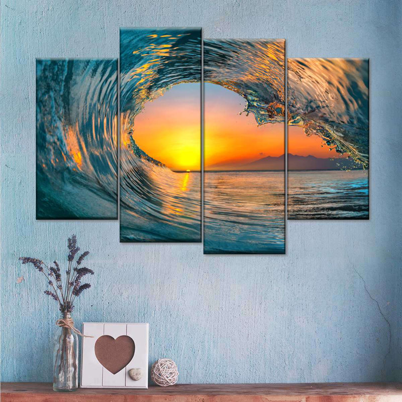 Reproduction d'art sur toile Golden Sunset Wave, H 48 po x l 75 po x P 1,25 po
