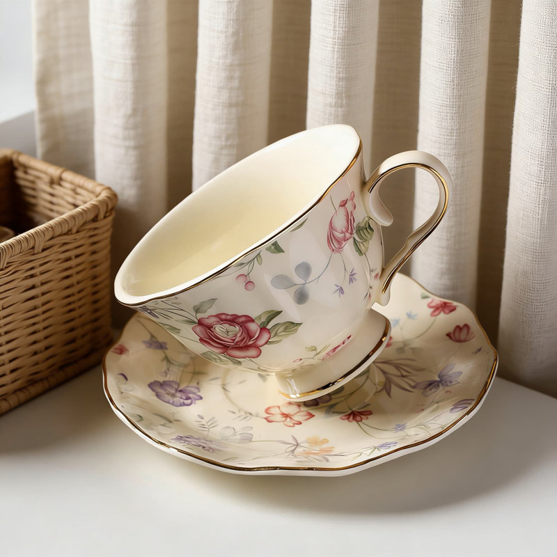 Ensemble de tasses à café et soucoupes en céramique rétro avec cuillère personnalisée - tasse à thé anglaise 8 oz