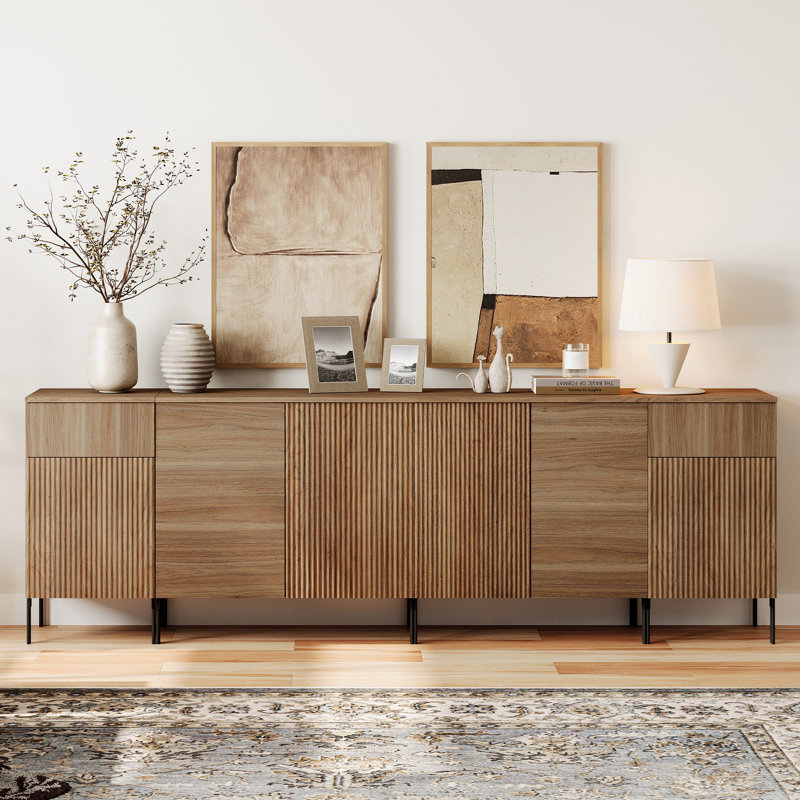 94.5" Reeded Accent Cabinet Set With Doors And Adjustable Shelves, Modern Credenza Storage Cabinet With Charging Station For Living Room, Kitchen, Dining Room, Hallway