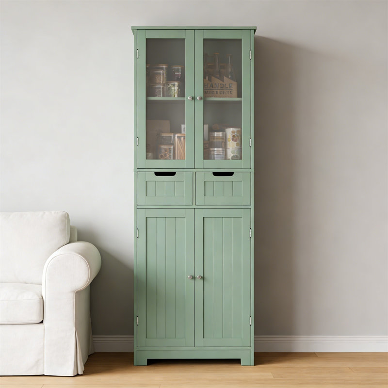 67" Tall Freestanding Storage Cabinet With Glass Door And Shelves, Kitchen Pantry Linen Cabinet With 2 Drawers, Green