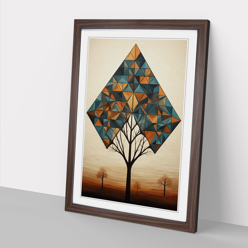 Tree Geometric No.2 - Single Picture Frame Print on Wood, 46cm H x 34cm W x 2cm D, Walnut